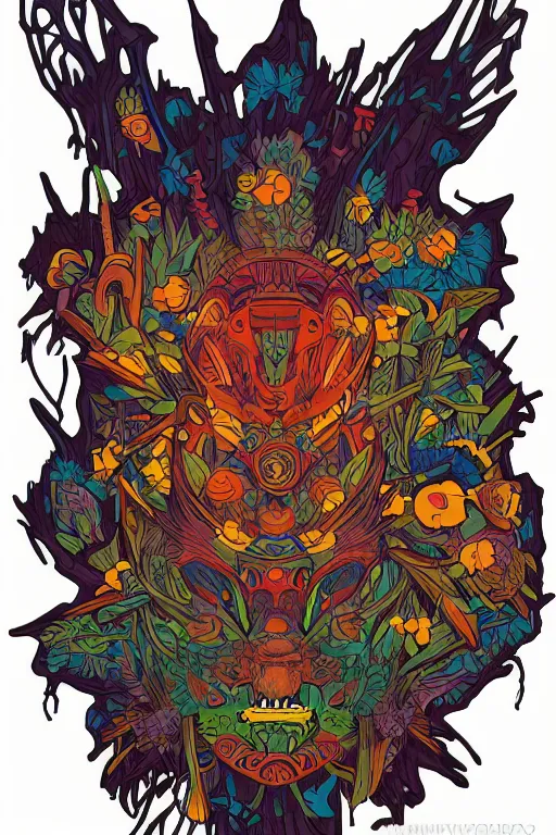 Image similar to animal mask totem roots flower tribal feather gemstone plant wood rock shaman vodoo video game vector cutout illustration vivid multicolor borderlands comics by josan gonzales and dan mumford radiating a glowing aura