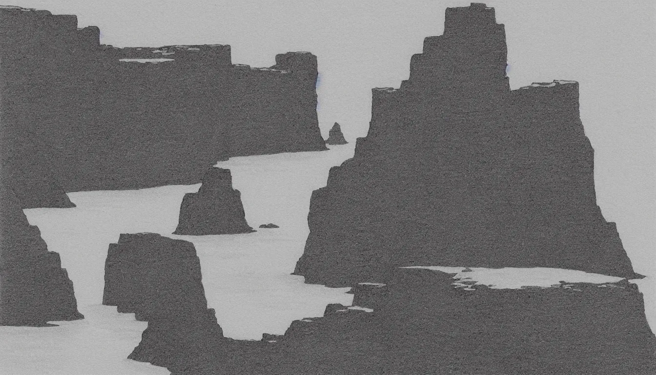 Image similar to ocean cliffs by Moebius, minimalist, detailed, black and white drawing