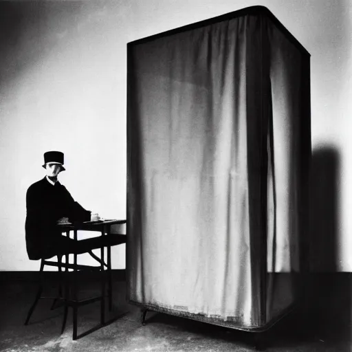 Image similar to underexposed photo of Marcel Duchamp in a room full with an ancient machine, tri-x, Irving Penn, Jeff Wall, archival pigment print, contemporary art