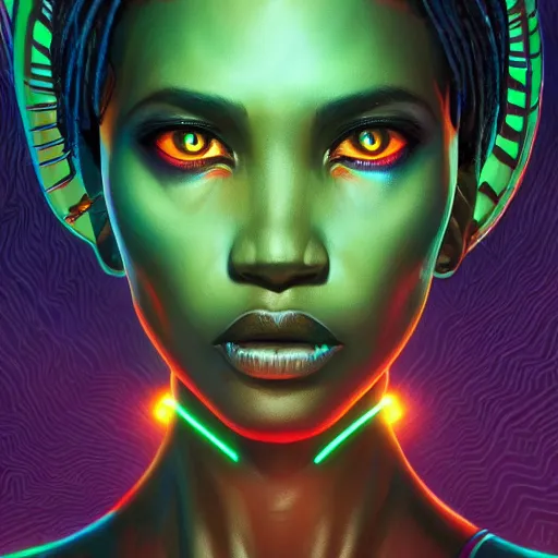 Image similar to african neon necromancer, science fiction, highly detailed, digital painting, beautiful eyes, symmetry, concept art, sharp focus, illustration, global illumination, radiant light, synthwave colors, detailed and intricate environment, art by artgerm and greg rutkowski and magali villeneuve and ilya kuvshinov!