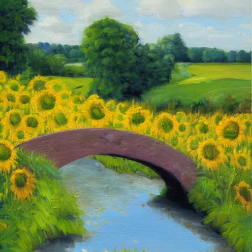 Image similar to Stone bridge over brook, pastoral scene. Summer, sunflowers. Oil on canvas, award winning