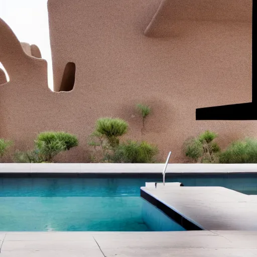 Image similar to brutalism conceptual house in the desert, biophilia mood, pool, garden, highly detailed, cinematic, photorealistic,