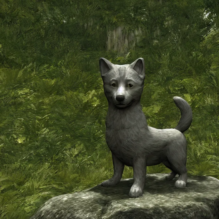 Prompt: a stone shiba inu statue in a lush forest, skyrim pc screenshot