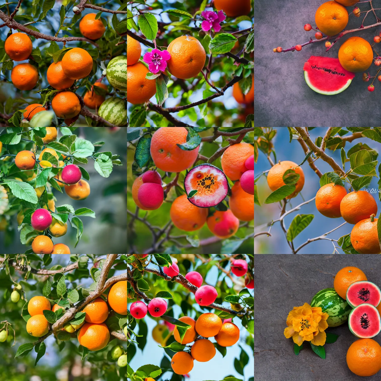 Prompt: Hybrid oranges and watermelons, fruit growing on a branch, golden flowers, high quality, a strange pink and blue bird is perched on the branch, nature photography, f2.8, 35mm lens, bokeh, depth of field.