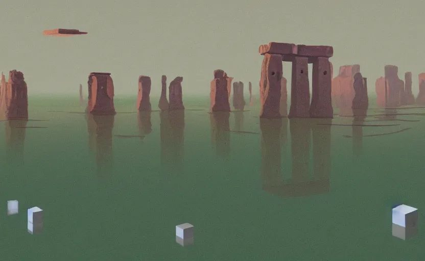 Image similar to hyperrealist painting of 1 0 flying cubes from close encounters of the third kind ( 1 9 7 7 ) in a flooded monument valley stonehenge jungle. 1 9 7 0 s science fiction, moody, misty, depth perception, 4 k, artstation, in the style of studio ghibli
