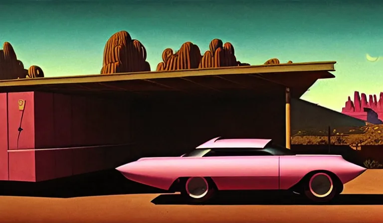 Image similar to a cinematic matte painting of a sleek 1 9 6 0 s vaporwave retro - futurism sci - fi car in a cluttered garage in the american southwest. cactus. by eric lafforgue, glennray tutor and edward hopper, greg rutkowski. trending on artstation.