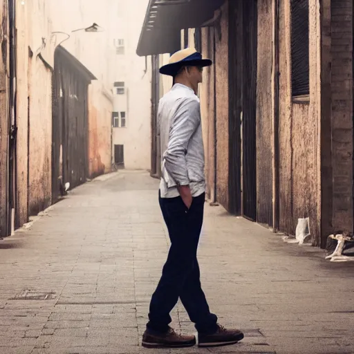 Image similar to photo extreme long shot of invisible manwearing clothes and hat in a back street, cinematic, depth of field, bokeh, atmospheric, 8k, trending on artstation