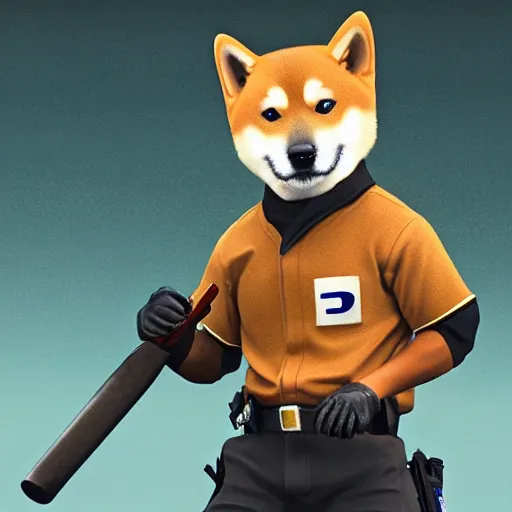 Prompt: police shiba inu holding a baseball bat on his hand, cinematic lightning, 4 k, ultra detailed, trending on artstation, masterpiece, digital art.