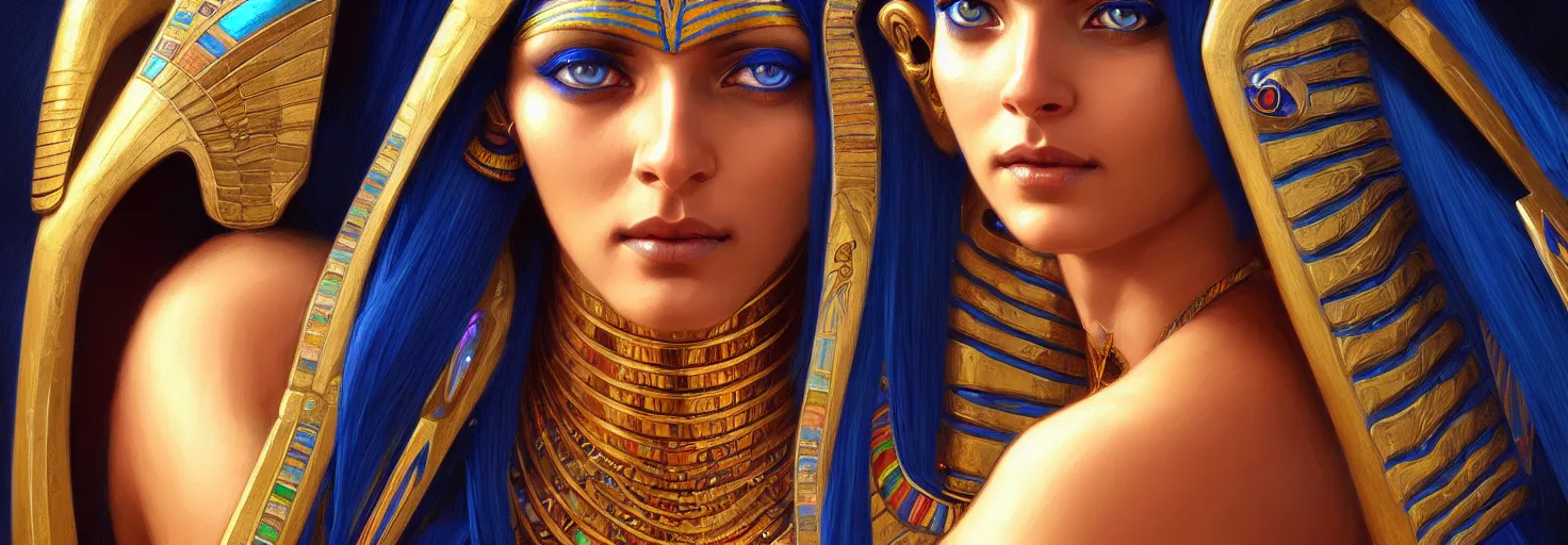 Prompt: astral egyptian woman portrait, blue eyes, face, cleopatra hair, astral, intricate, elegant, highly detailed, digital painting, artstation, concept art, smooth, sharp focus, illustration, art by artgerm and greg rutkowski and alphonse mucha