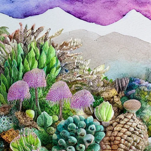 Image similar to delicate coastline mountain garden on paper, stony, puffy, botanical herbarium, botanic watercolors, iridescent, 8 k wide angle, realistic shaded, fine details, artstation, italian, rainbow, colonnade, oak, pinecone, pomegranade, hydrangea, vines, gardena architecture, pompeian, sicilian