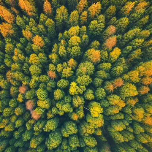 Image similar to a drone shot of a forest, dusk, slightly foggy, grainy footage,