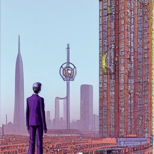 Prompt: a tall man standing next to a huge car, city in the background, people walking in the distance, reflections on wet streets, dieselpunk style, steampunk, art by jean giraud and moebius ; architecture by francois schuiten, beautiful illustration, drawing, painting, clean lines, digital art, symmetric, colorful retrofutur, artstation