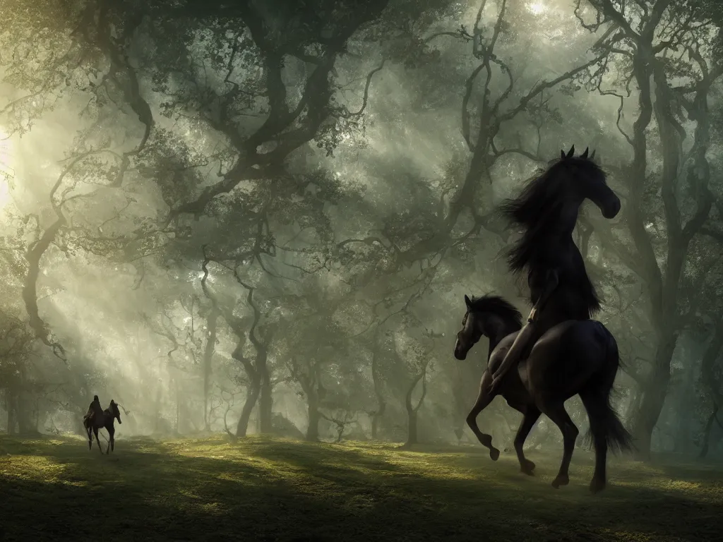 Image similar to a woman ridingon a strong black horse through a oak and beech forrest, rays of life, cinematic, fantasy art, moody morning light, cryengine, trending on artstation, by peter jackson