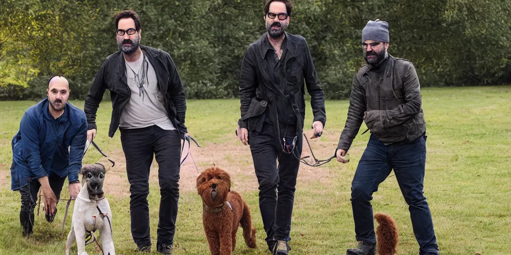 Image similar to adam buxton and his dog rosie recording a podcast, fields, walking, half whippet and half poodle, photorealistic