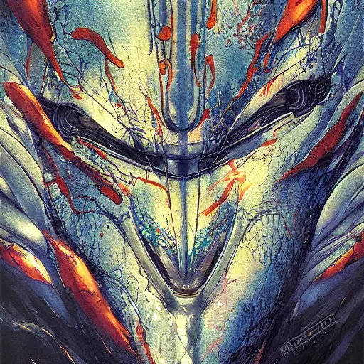 Prompt: a simple concept art portrait of a predatory robotic species. an award winning yoshitaka amano digital art poster color painting. a masterpiece by james gurney. poster colour on canvas.