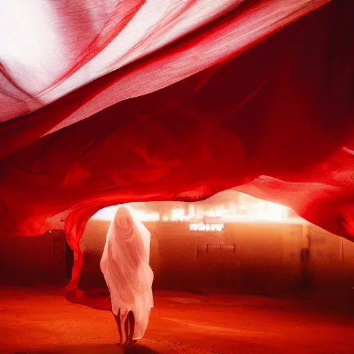 Image similar to a person enveloped in red silk cloth that blows in the wind stands in a dytopian highly detailed city at night, with volumetric lights in the distance. atmospheric light, rendering, octane, redshift