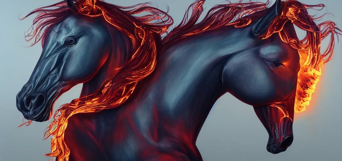 Prompt: a horse breathing fire, portrait and veins and translucent and hyperrealistic and ultra - detailed, bloom, glow, reflection, refraction, matte, glossy, smooth, emissive material