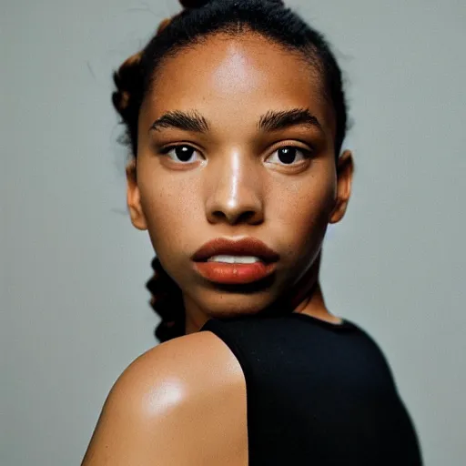 Image similar to realistic photoshoot for a new nike lookbook, color film photography, portrait of a beautiful woman in style of tyler Mitchell, 35mm, graflex