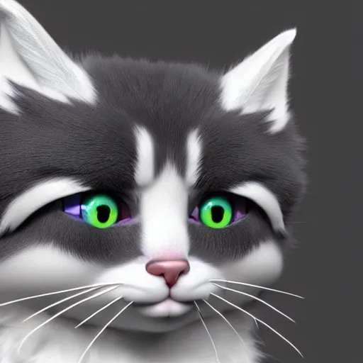 Prompt: high quality 3 d render very cute fluffy cat with big eyes highly detailed, unreal engine cinematic smooth, with rim light, low angle, uhd 8 k, sharp focus