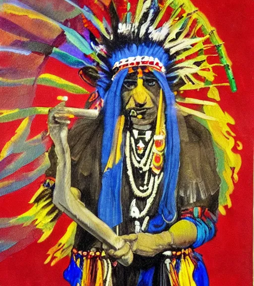 Prompt: Painting of a shaman dressed in a colorful traditional clothes. He is smoking a pipe and blowing out smoke which is morphing into fractals