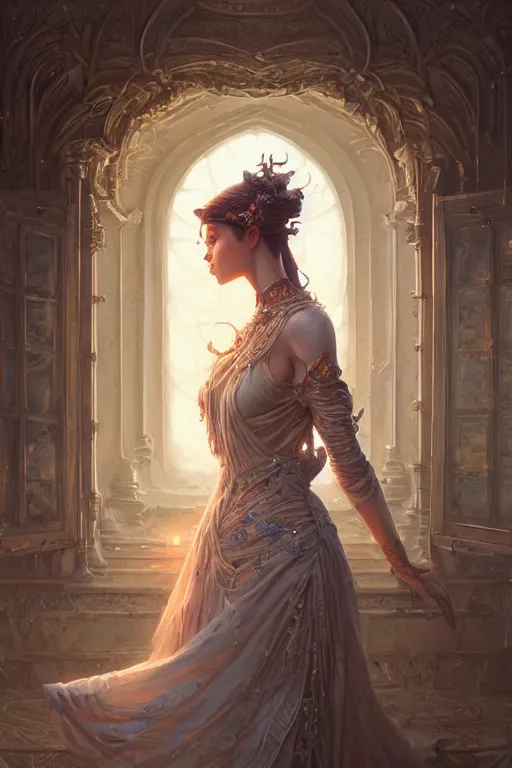 Image similar to highly detailed portrait of beautiful ethereal woman in ornate clothing, stephen bliss, unreal engine, fantasy art by greg rutkowski, loish, rhads, ferdinand knab, makoto shinkai and lois van baarle, ilya kuvshinov, rossdraws, tom bagshaw, global illumination, radiant light, detailed and intricate environment