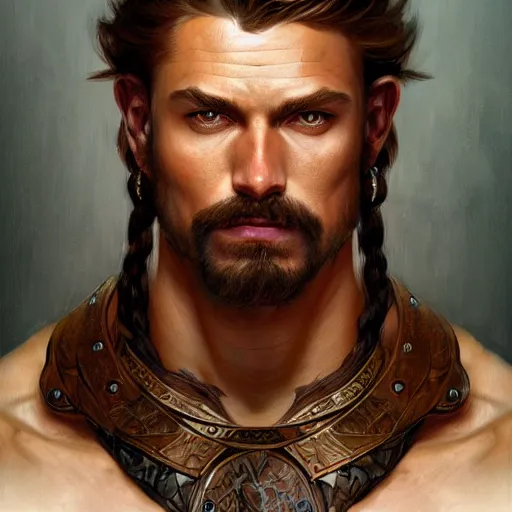 Image similar to portrait of a rugged dolphin warrior, muscular, upper body, hairy torso, D&D, fantasy, intricate, elegant, highly detailed, digital painting, artstation, concept art, matte, sharp focus, illustration, art by Artgerm and Greg Rutkowski and Alphonse Mucha