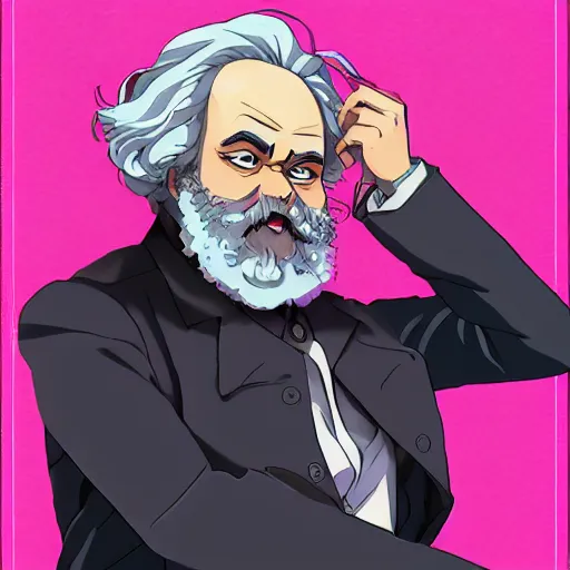 Image similar to Karl Marx as anime girl, art by makoto shinkai, anime art, trending on artstation, pink hair