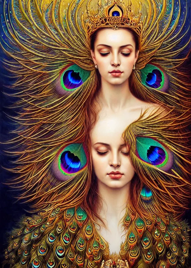 Prompt: a beautiful ultradetailed portrait painting of an empress of celestial beauty! beautiful large celestial wings of protection, ornate crown made of peacock feathers by karol bak, jovana rikalo and elena aenami, symmetrical features, volumetric lighting, magical realism, celestial, goddess, empress, wings