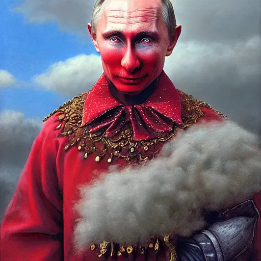 Image similar to vladimir putin, is a jester, circus performance, red clown nose, fantasy 3 d render, masterpiece, by donato giancola and greg rutkowski and wayne barlow and zdzisław beksinski, realistic face