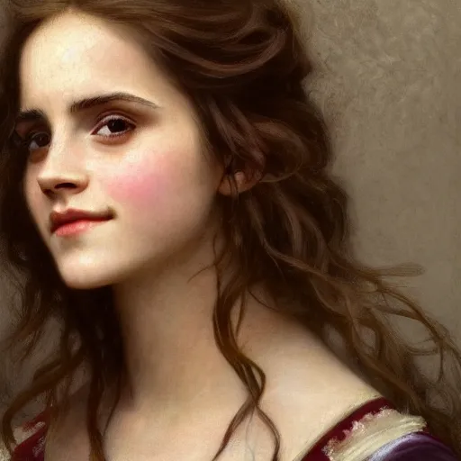 Image similar to Painting of Emma Watson as Hermione Granger. Smiling. Happy. Cheerful. Art by william adolphe bouguereau. Extremely detailed. Extreme close up. Beautiful. 4K. Award winning.