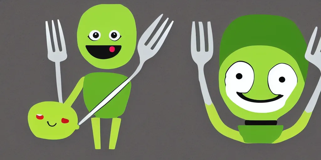 Image similar to cute smiling avocado robot with cute eyes and forks instead of arms, logo style