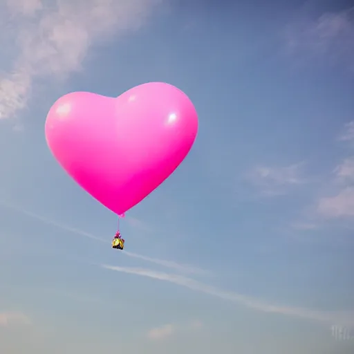 Image similar to a 5 0 mm lens photograph of a cute pink floating modern house, floating in the air between clouds, inspired by the movie up, held up from above by a heart - shaped ballon. mist, playful composition canon, nikon, award winning, photo of the year