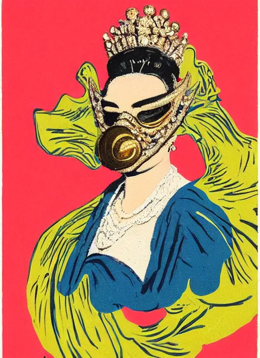 Image similar to an extreme close - up low angle portrait of the young extravagantly dressed queen wearing opera mask in a scenic representation of mother nature and the meaning of life by billy childish, thick visible brush strokes, shadowy landscape painting in the background by beal gifford, vintage postcard illustration, minimalist cover art by mitchell hooks