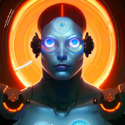 Image similar to cyborg, male, orange eyes, blue diodes, science fiction, highly detailed, digital painting, beautiful eyes, symmetry, concept art, sharp focus, illustration, art by artgerm and greg rutkowski and magali villeneuve and ilya kuvshinov! : : alphonse mucha : : - 0. 2