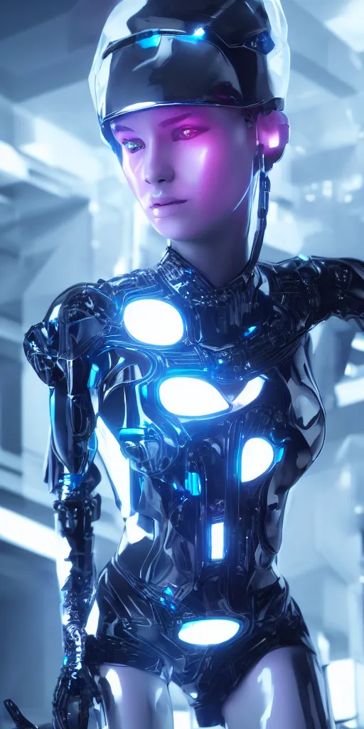 Image similar to cybernatic the futuristic girl, led lights, 3 d render, unreal engine 5, octane render, high quality, very detailed