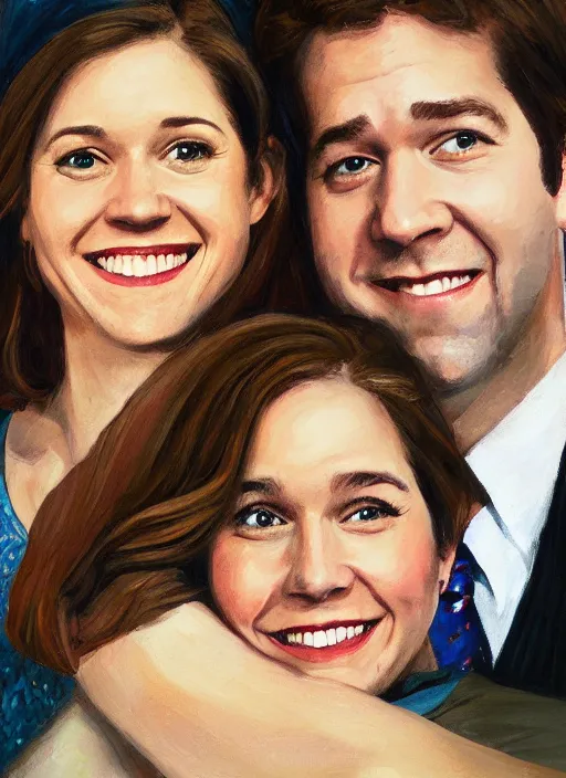 Image similar to portrait painting of jim halpert and pam beesly, happy couple, in the style of procter dod