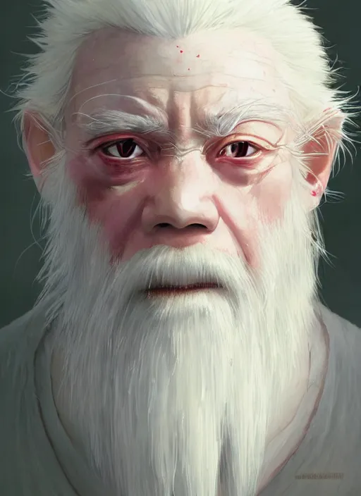 Prompt: albino dwarf with white hair, red iris, long beard, pale snow white skin, full body character portrait, colorful, highly detailed, digital art by studio ghibli and greg rutkowski and takehiko inoue