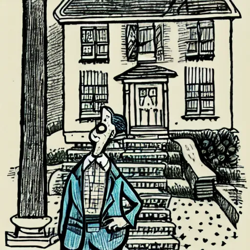Image similar to a drawing of a man standing in front of a house. He's wearing a shirt and tie, pork pie hat. drawn by Robert Crumb