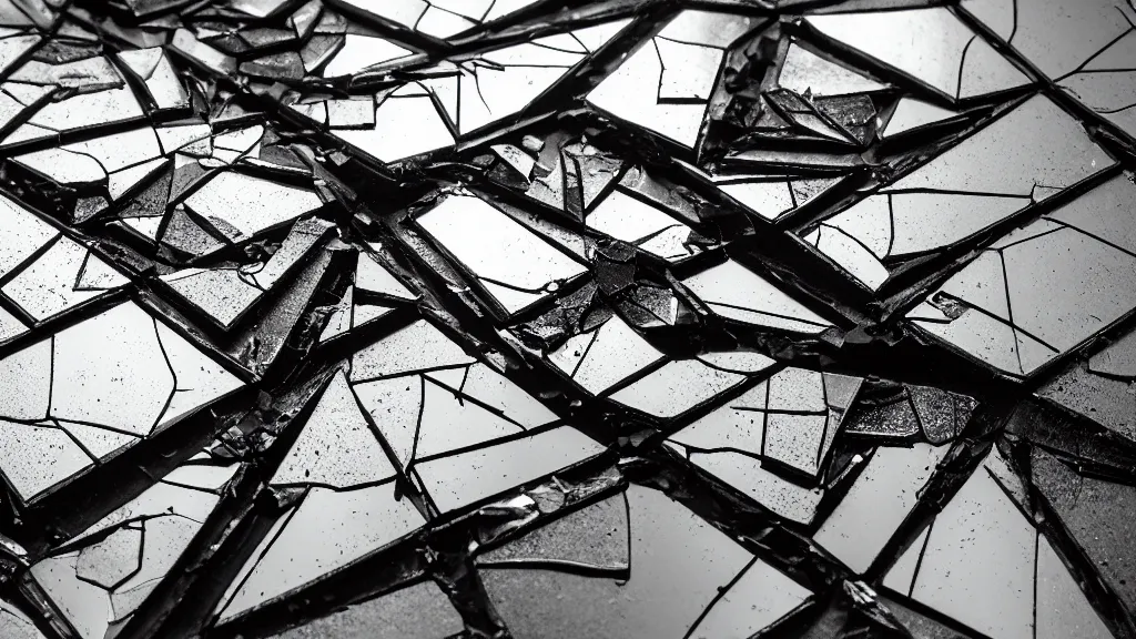 Prompt: a photorealistic dramatic broken glass and mirror shards reflecting the room they are in, ultra realistic details, glossy surface, global illumination, shadows, dark background, octane render, 8 k