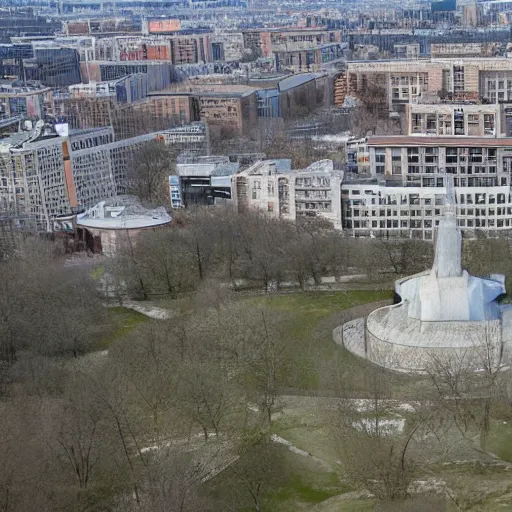 Image similar to aerial view of brutalist extensive monument ricardo bofill ( ( ( ( ( park ) ) ) ) ) spomenik with ( ( railings ) ) photo, 4 k