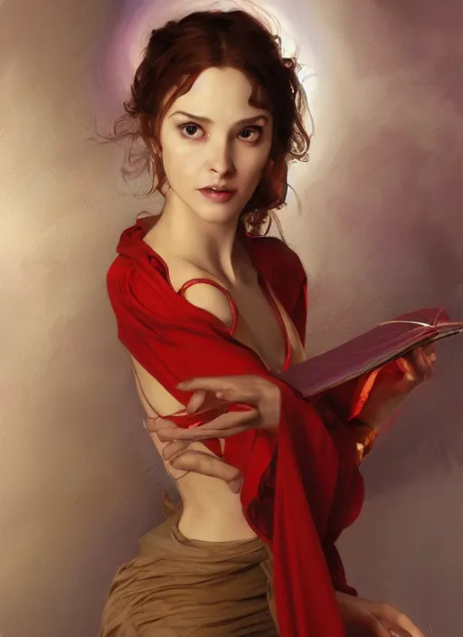 Image similar to character concept portrait of an attractive young female Spanish witch in a red and golden robe with pale skin enchanting a protection spell, a floating iridescent spell book in the center, intricate, elegant, digital painting, concept art, smooth, sharp focus, illustration, from Metal Gear, by Ruan Jia and Mandy Jurgens and William-Adolphe Bouguereau, Artgerm