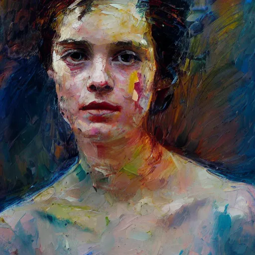 Image similar to highly detailed palette knife oil painting of a young woman by Peter Lindbergh, impressionistic brush strokes, painterly brushwork