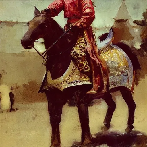 Image similar to portrait of man wearing chinmail and gambeson holding jousting lance, horse is wearing caparisons, by greg manchess, bernie fuchs, ruan jia