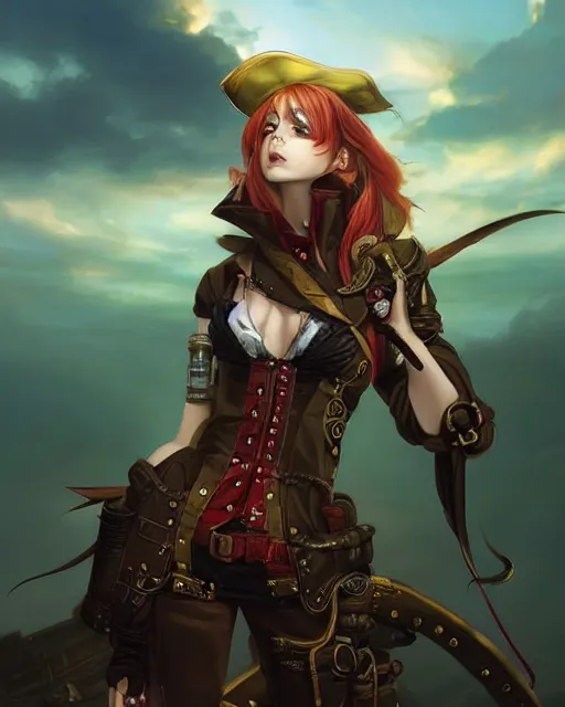 Prompt: a beautiful half body 2D illustration of a young female steampunk pirate wearing leather armor on gold and red trimmings on green, by Charlie Bowater, tom bagshaw, Artgerm and Lois Van Baarle, beautiful anime face, very cool pose, pirate ship with an epic sky background, slightly smiling, cinematic anime lighting and composition, fantasy painting, very detailed, ornate, trending on artstation and pinterest, deviantart, google images