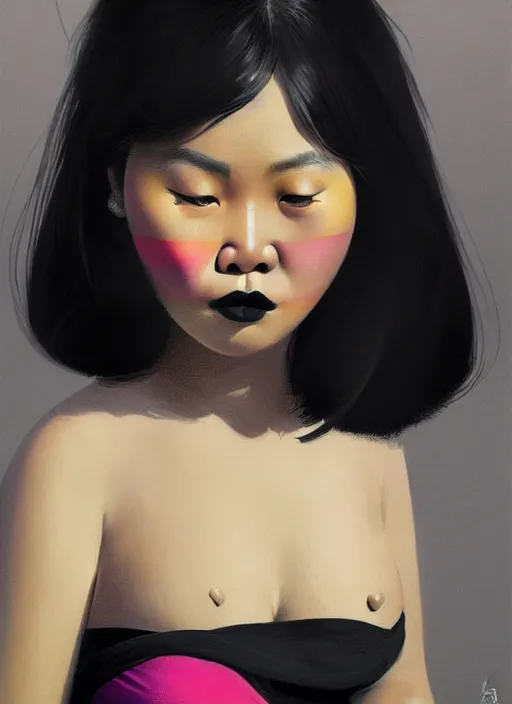 Image similar to portrait of a plump thai woman with a crooked nose and a confident expression, 1 9 6 0 s, black clothes, goth, punk, brightly coloured hair, funk, intricate, elegant, highly detailed, digital painting, artstation, concept art, smooth, sharp focus, illustration, art by wlop, mars ravelo and greg rutkowski