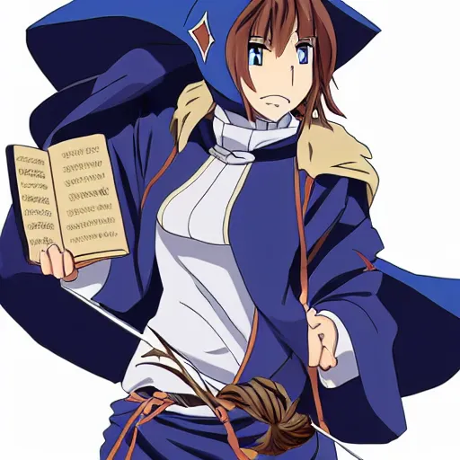 Prompt: A female wizard with brown hair wearing a blue hood and blue robe holding a book in the style of the goblin slayer anime