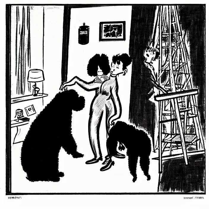 Image similar to a still frame from comic strip, two people hanging a black fluffy dog 1 9 5 0, herluf bidstrup, new yorker illustration, monochrome contrast bw, lineart, manga, tadanori yokoo, simplified,