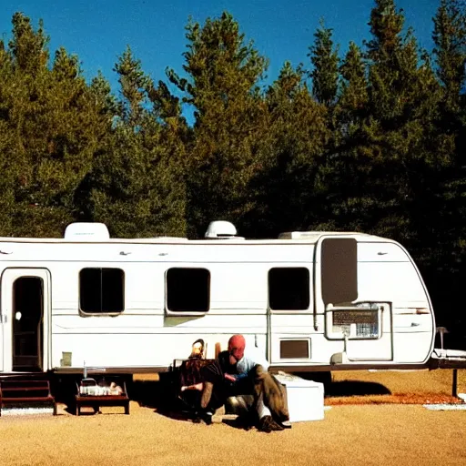 Image similar to walter white and jessie pinkman cooking meth in their rv,