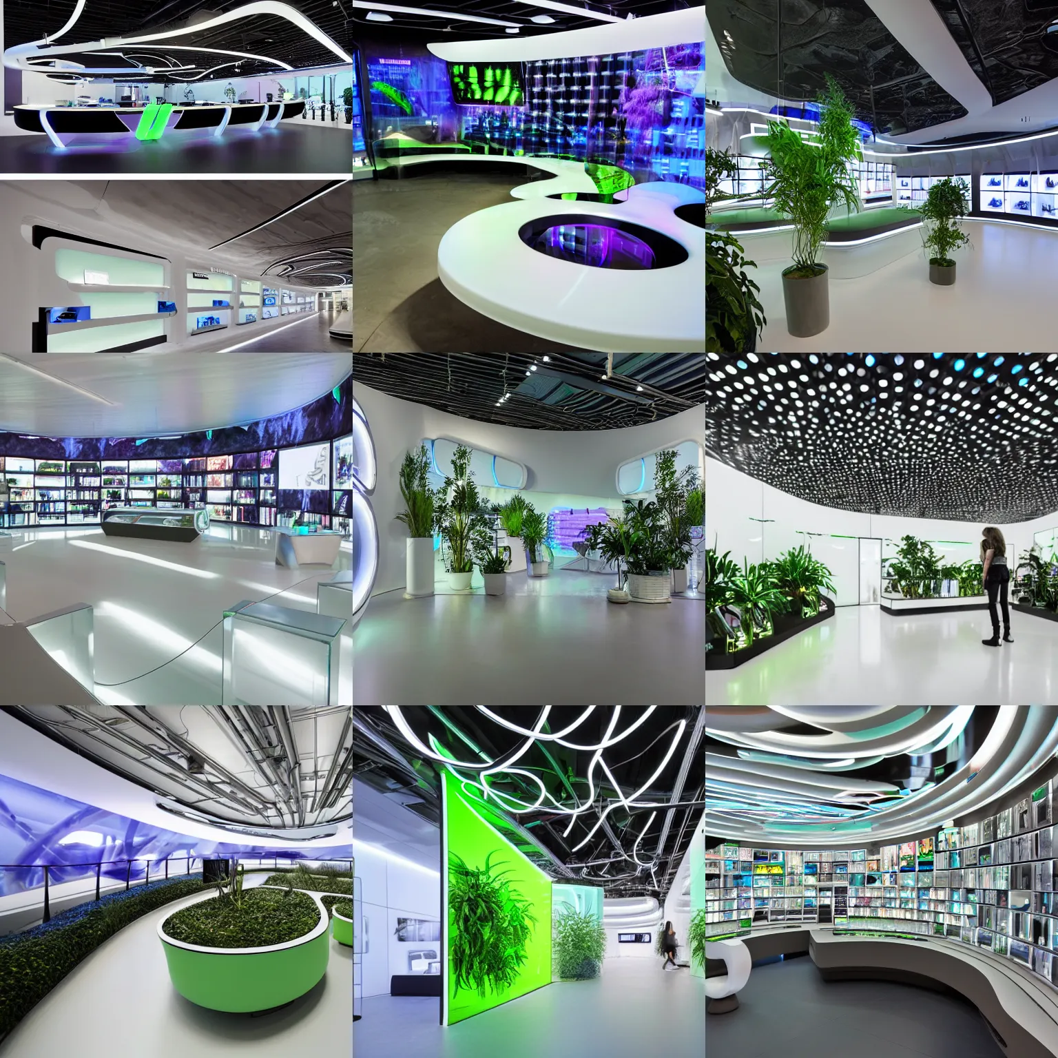 Prompt: hyperdetailed futuristic sci - fi neon samsung store, polished concrete, white walls, digital screens, curved furniture, lush plants.