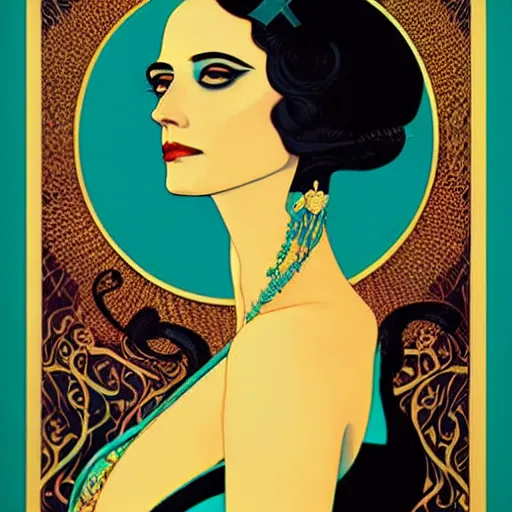 Image similar to turquoise and gold and black portrait of the young actress, eva green as queen of the emerald dead, comic art by joshua middleton, art by coles phillips, tendrils, vamp, elegant, decadent, stylised comic art, klimt, mucha, 1 9 7 0 s poster,